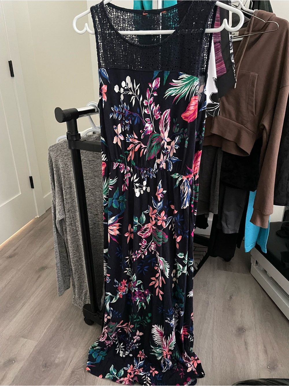 Floral Lace Yoke Maxi Dress - Navy with Pink & Green